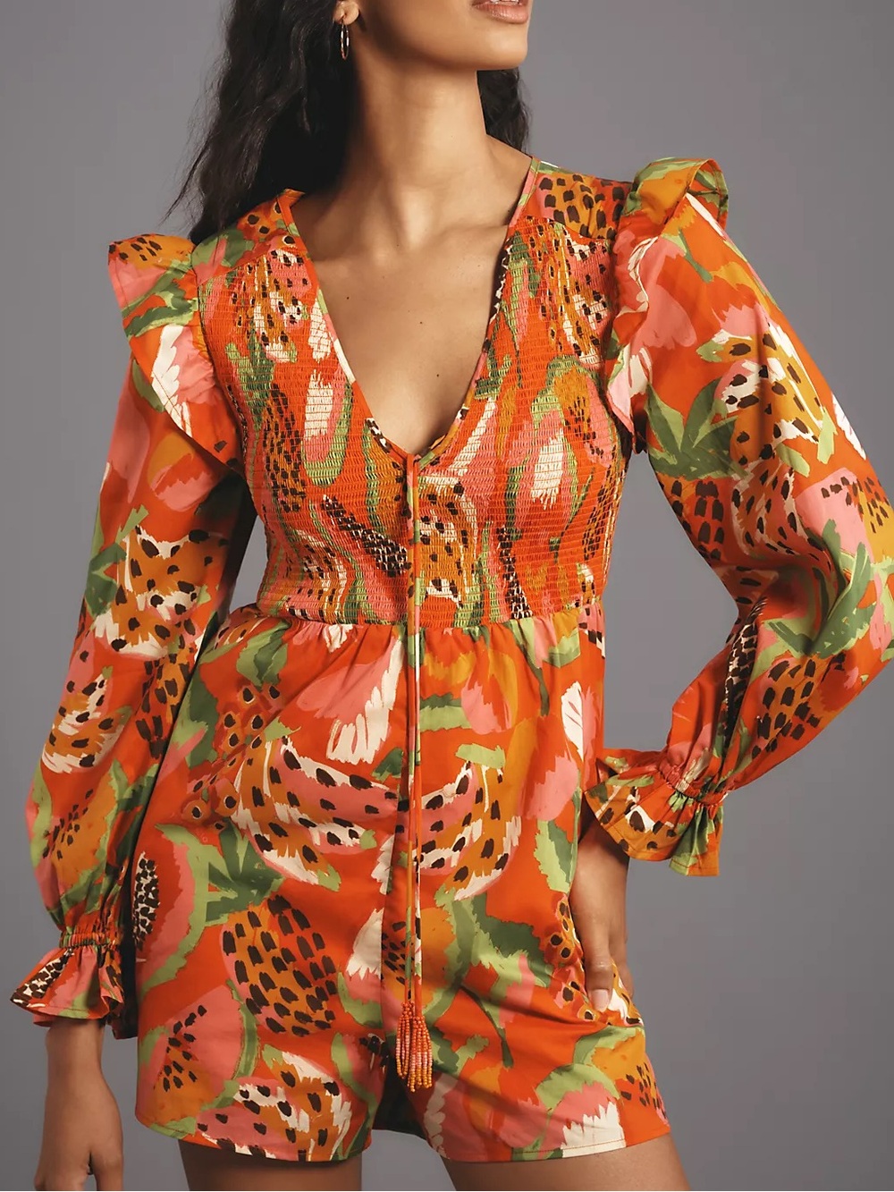 NWT Farm Rio x Anthropologie Tropical Ruffle-Sleeve Romper. Size Large
